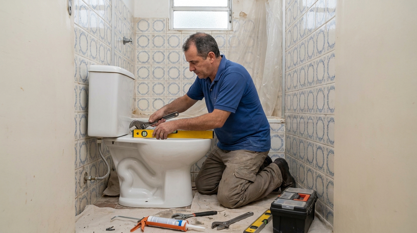 Técnico instalando vaso sanitário no Samapi, Teresina‑PI